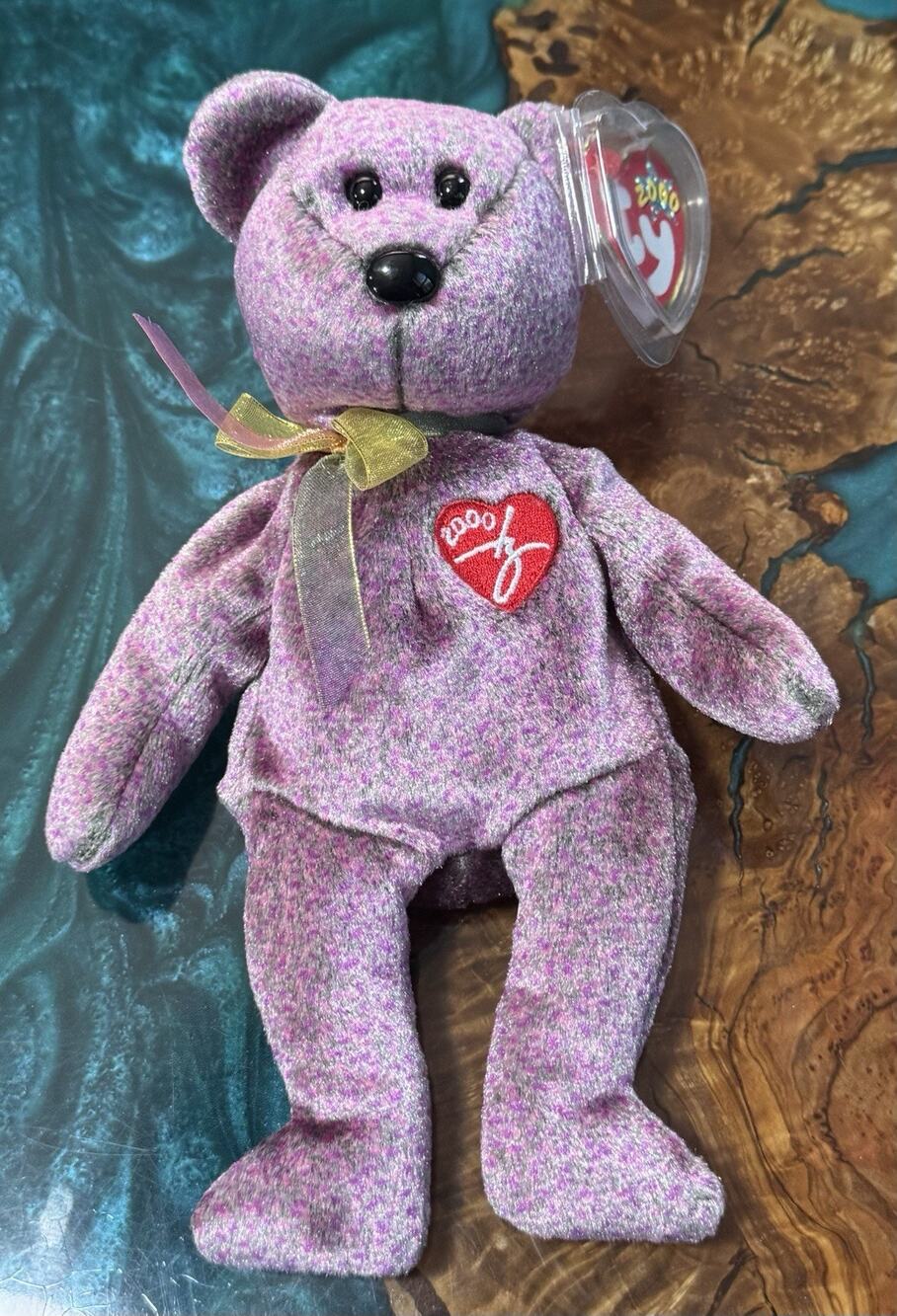 TY BEANIE BABY 2000 SIGNATURE BEAR W/ TAG PURPLE PINK GRAY SPECKLED RETIRED
